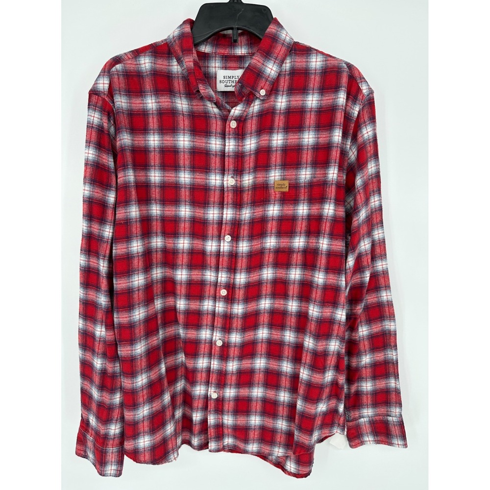 Simply Southern Mens‎ XL Red White Blue Plaid Flannel Button Down Shirt Cotton